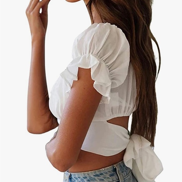 NWOT Ruffle Short Sleeve Off Shoulder Tie Back Crop Blouse Top. Size L. - Picture 3 of 6
